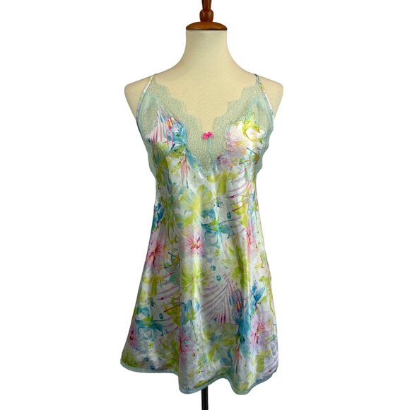 Victorias Secret Floral Lace Trim Satin Nightie Nightgown Lingerie L - Picture 1 of 11